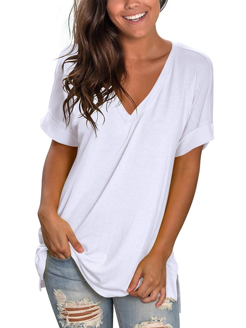 SAMPEEL Womens Plus Size Tops Short Sleeve V Neck T Shirts Loose Fit Summer White XXL - Image 2
